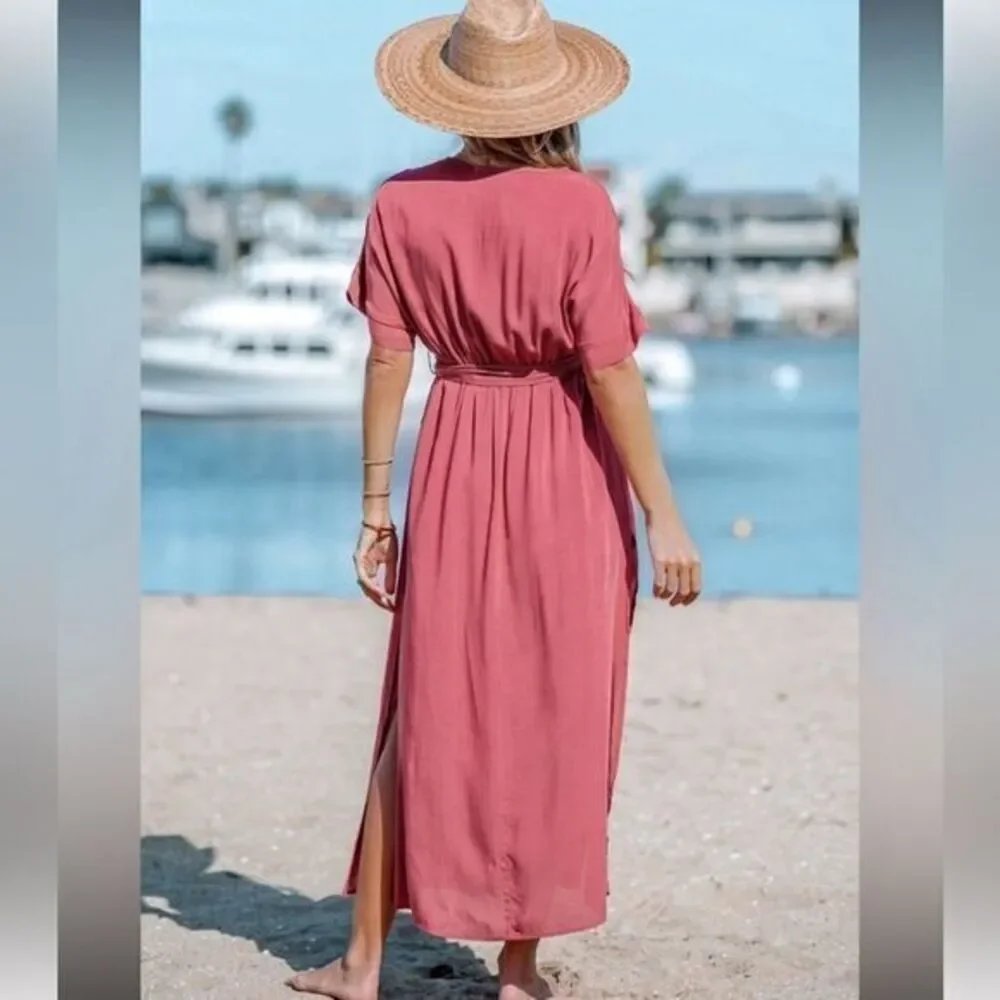 Cupshe Mauve Pink Surplice Ruched Maxi Draped‎ Wrap tie Waist Dress XL RefCPS062